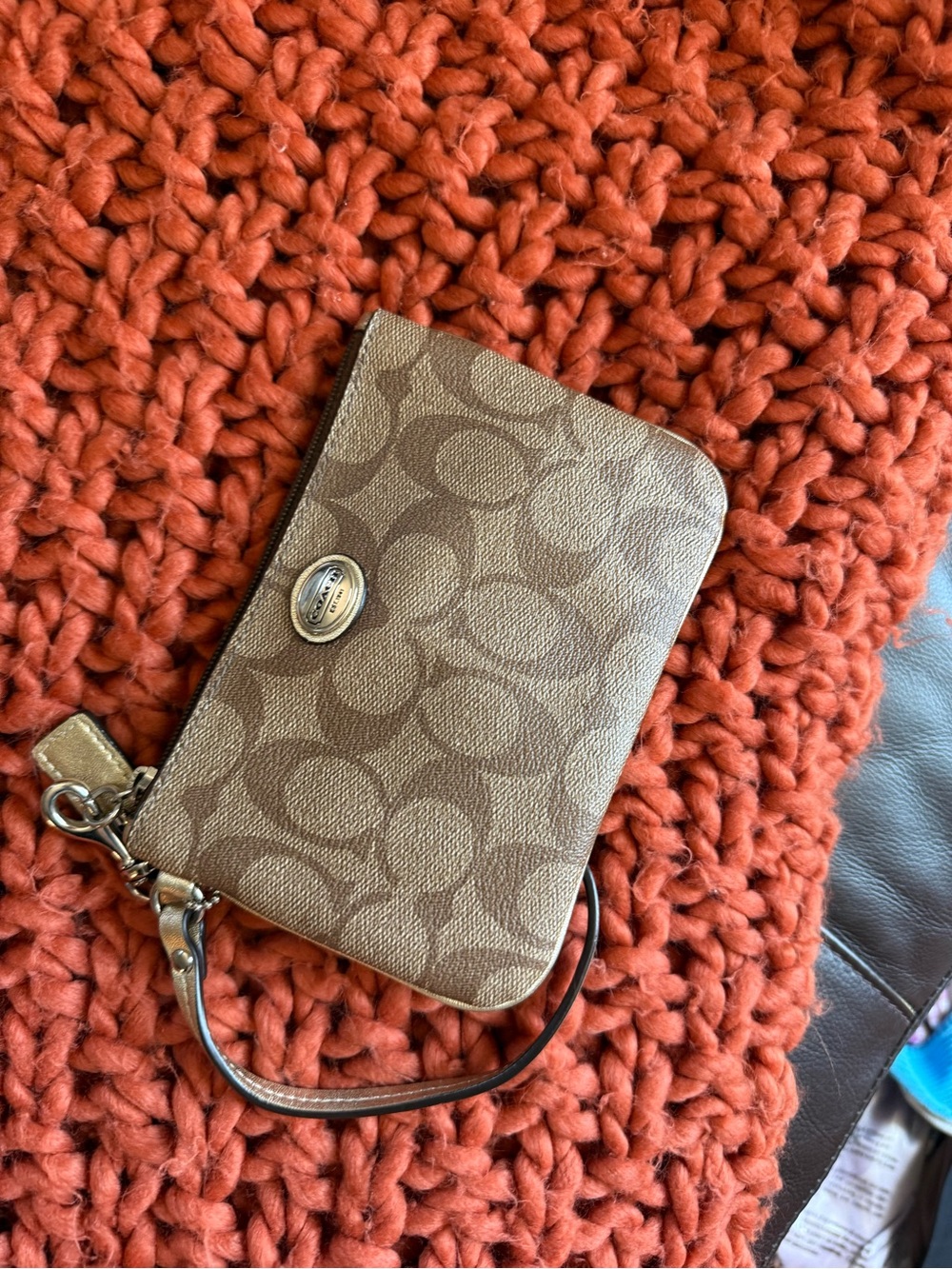 Coach Tan Signature Canvas Phone Wristlet with Gold Hardware